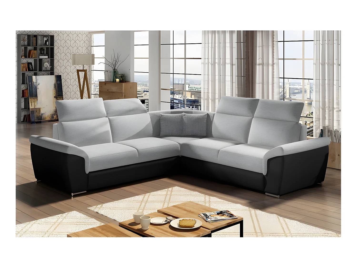 Canapé d'angle - convertible - FELIPE - en tissu gris clair et simili cuir noir, 5/6 places