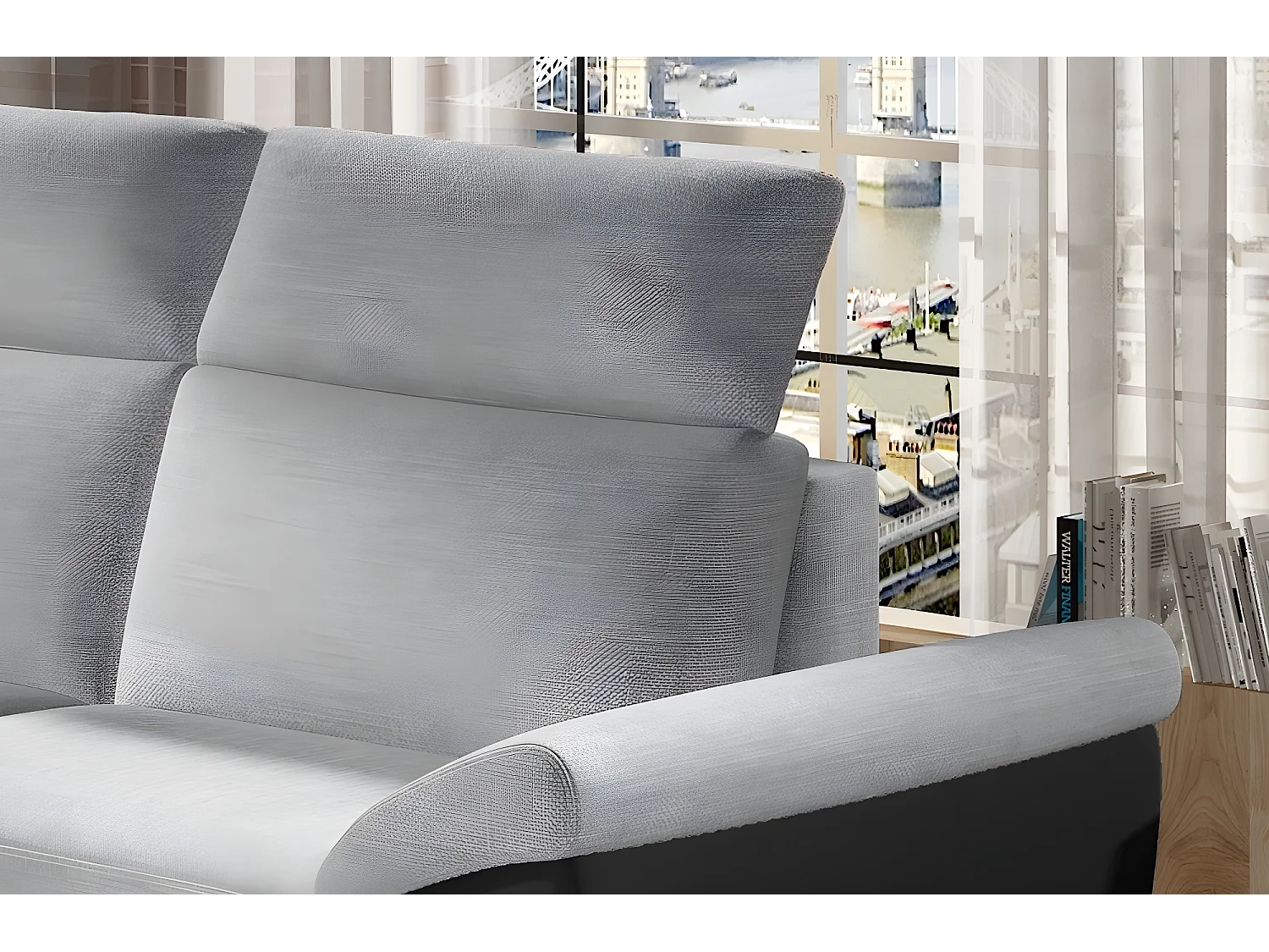 Canapé d'angle - convertible - FELIPE - en tissu gris clair et simili cuir noir, 5/6 places