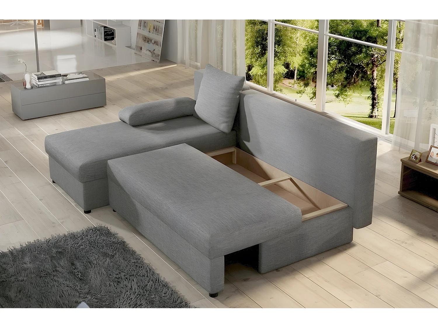 Canapé d'angle convertible - GILO - en tissu luxe 3/4 places, gris, angle gauche (vu de face)