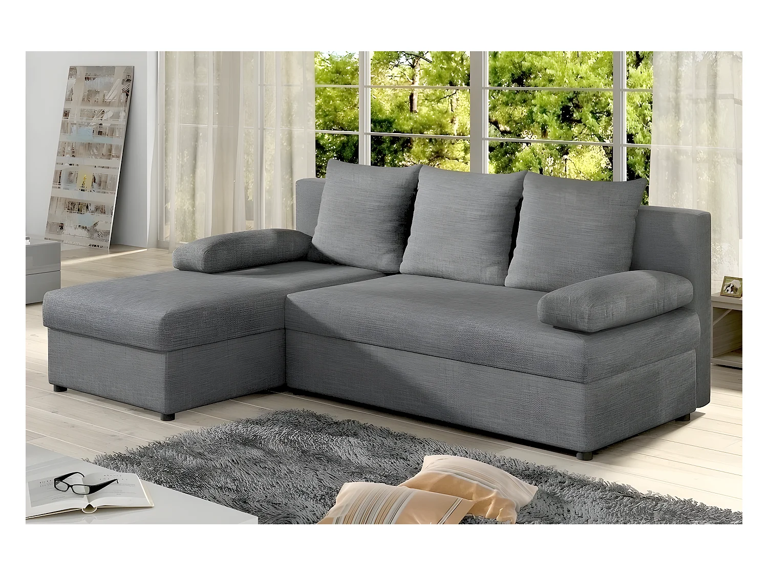 Canapé d'angle convertible - GILO - en tissu luxe 3/4 places, gris, angle gauche (vu de face)