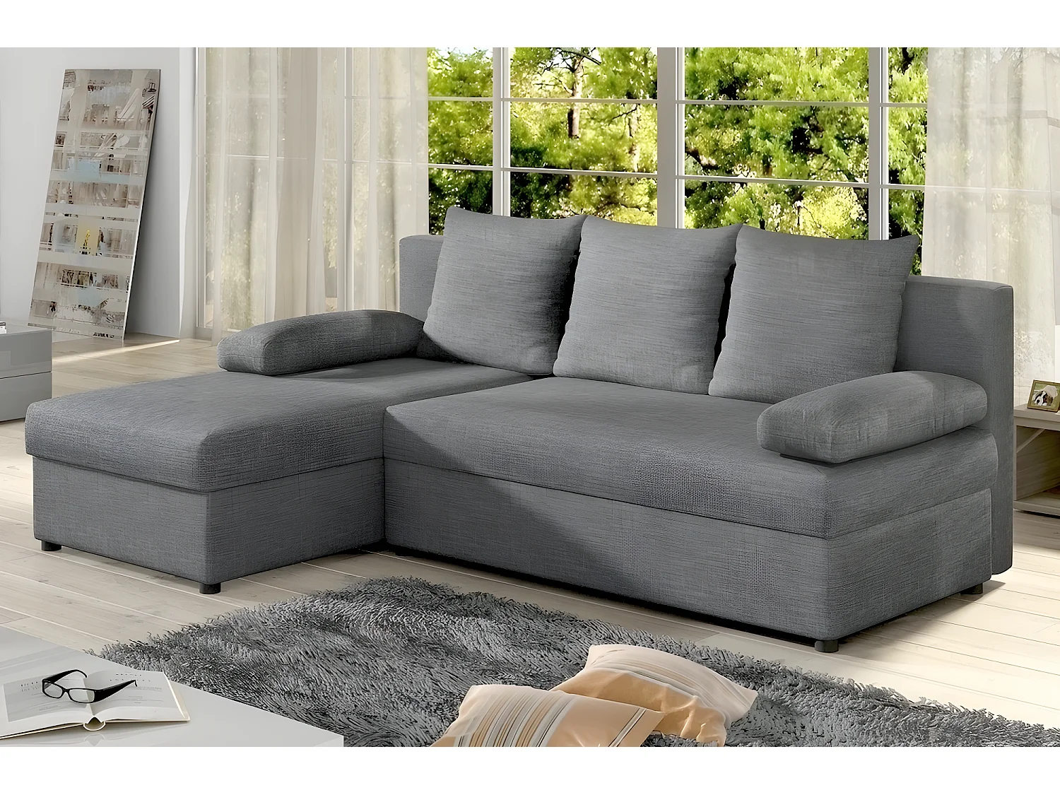 Canapé d'angle convertible - GILO - en tissu luxe 3/4 places, gris, angle gauche (vu de face)