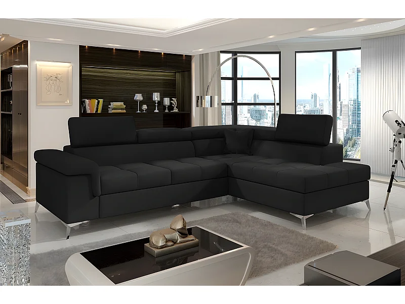 Canapé d'angle convertible - ERNEST - en tissu luxe 5 places, noir, angle droit (vu de face)