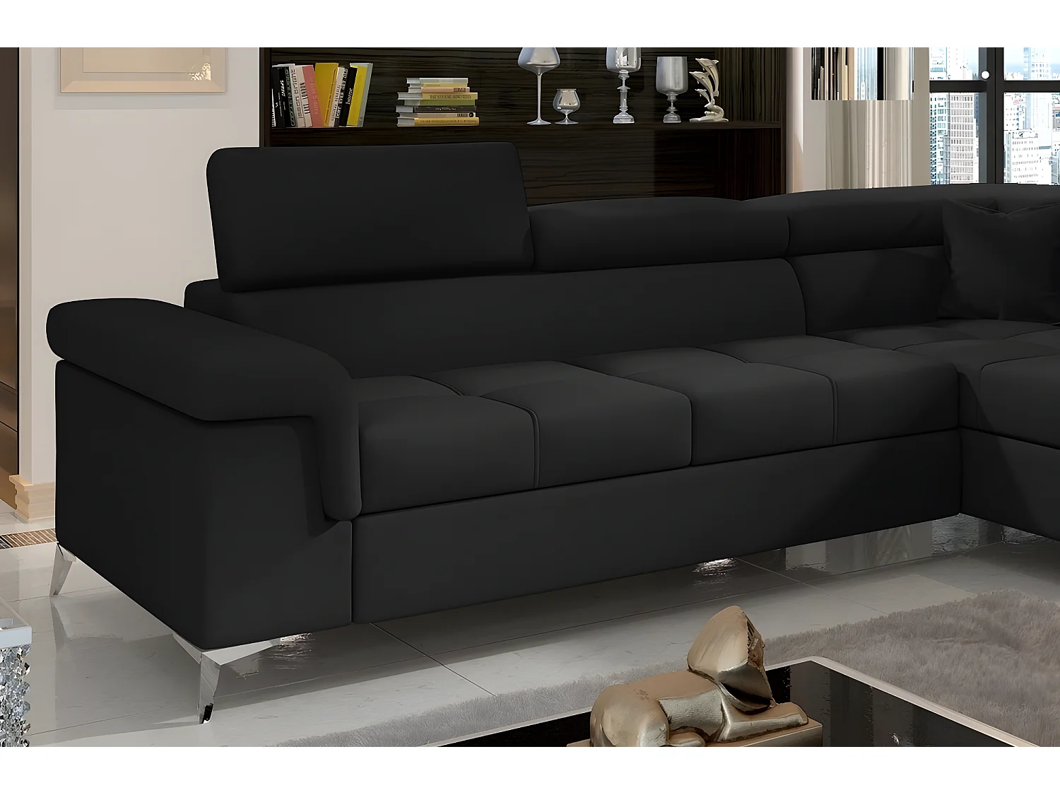 Canapé d'angle convertible - ERNEST - en tissu luxe 5 places, noir, angle droit (vu de face)