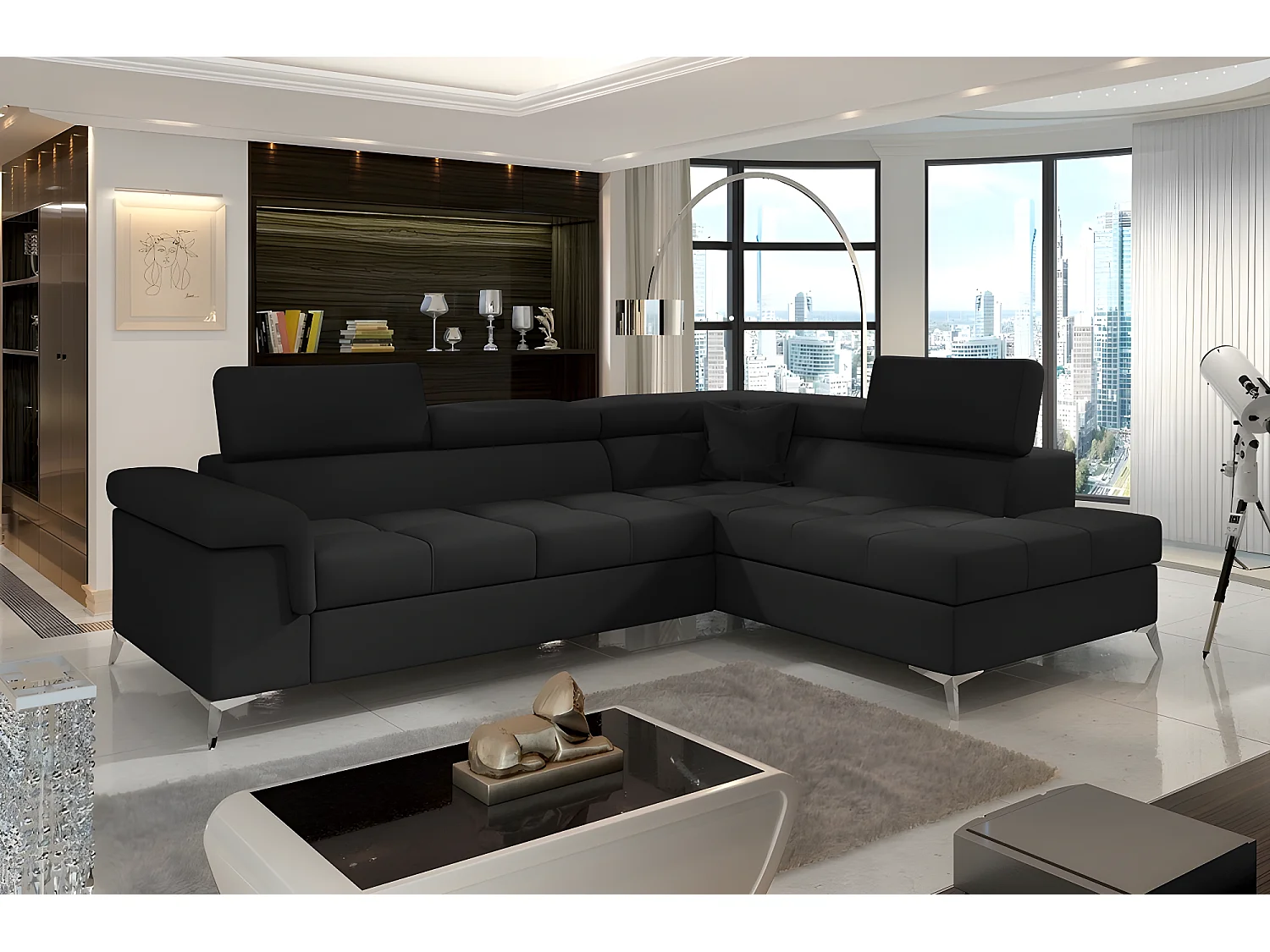 Canapé d'angle convertible - ERNEST - en tissu luxe 5 places, noir, angle droit (vu de face)