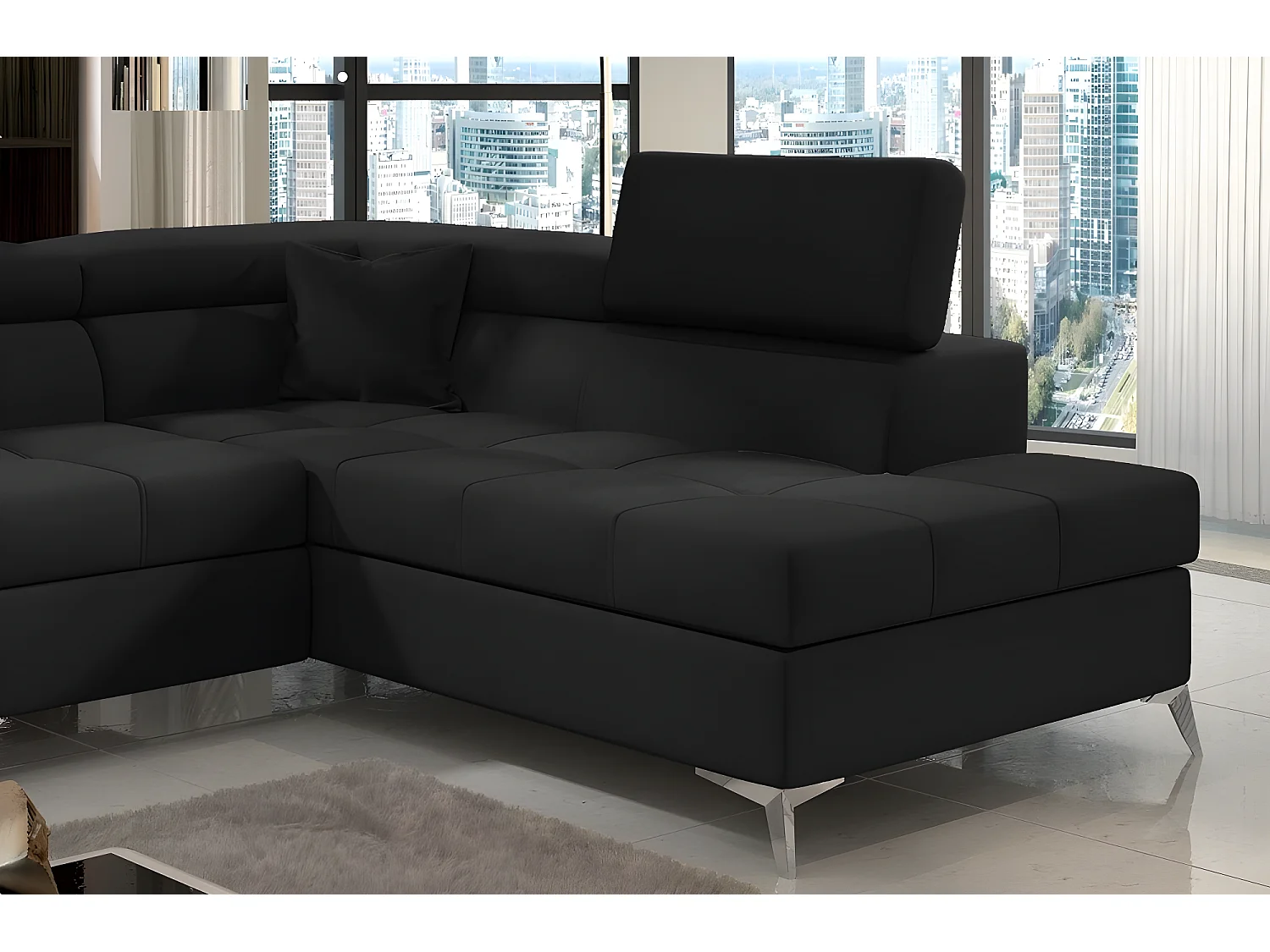 Canapé d'angle convertible - ERNEST - en tissu luxe 5 places, noir, angle droit (vu de face)