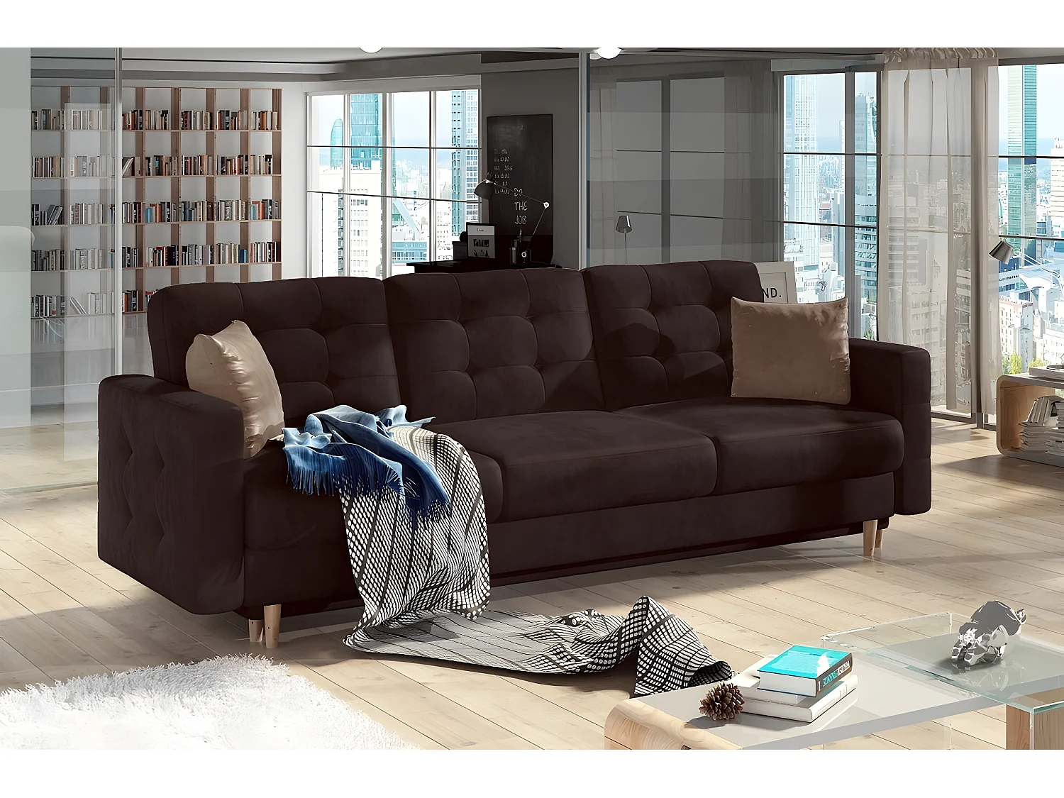 Canapé 3 places convertible - en tissu de qualité marron, ASVENA VELOURS