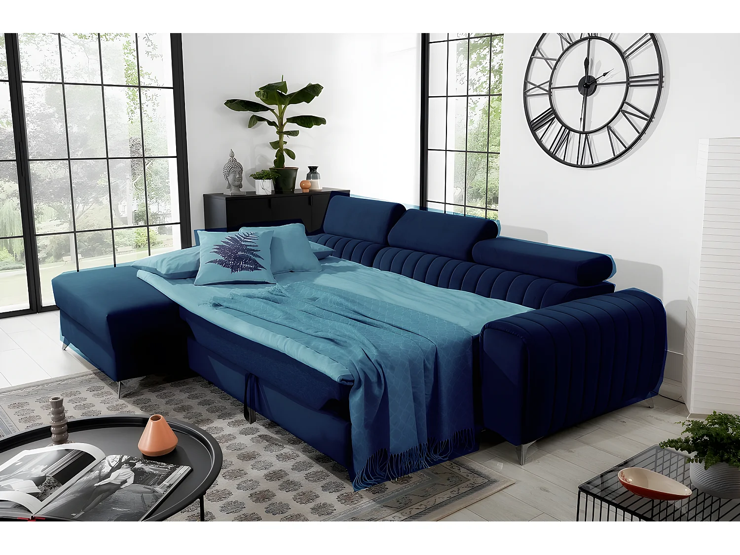 Canapé d'angle convertible en tissu velours Luxe bleu, 5 places, angle gauche (vu de face) - GRECE VELOURS