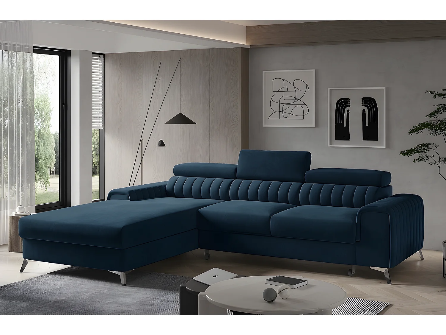 Canapé d'angle convertible en tissu velours Luxe bleu, 5 places, angle gauche (vu de face) - GRECE VELOURS