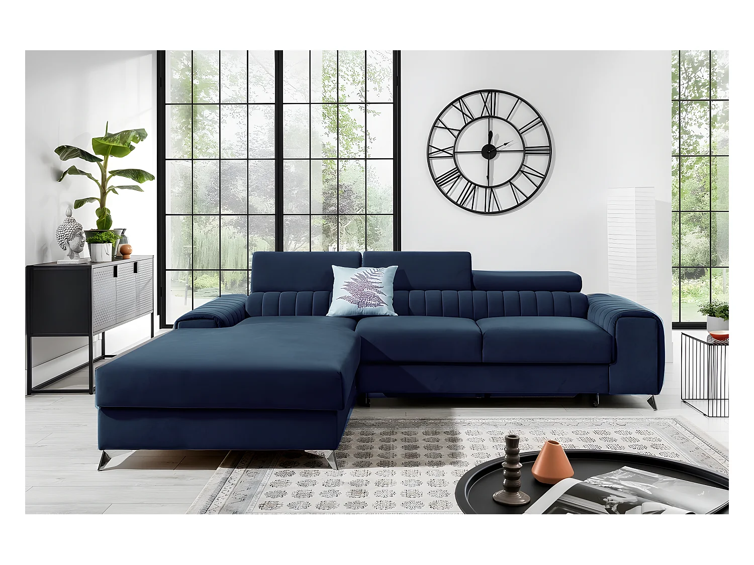 Canapé d'angle convertible en tissu velours Luxe bleu, 5 places, angle gauche (vu de face) - GRECE VELOURS