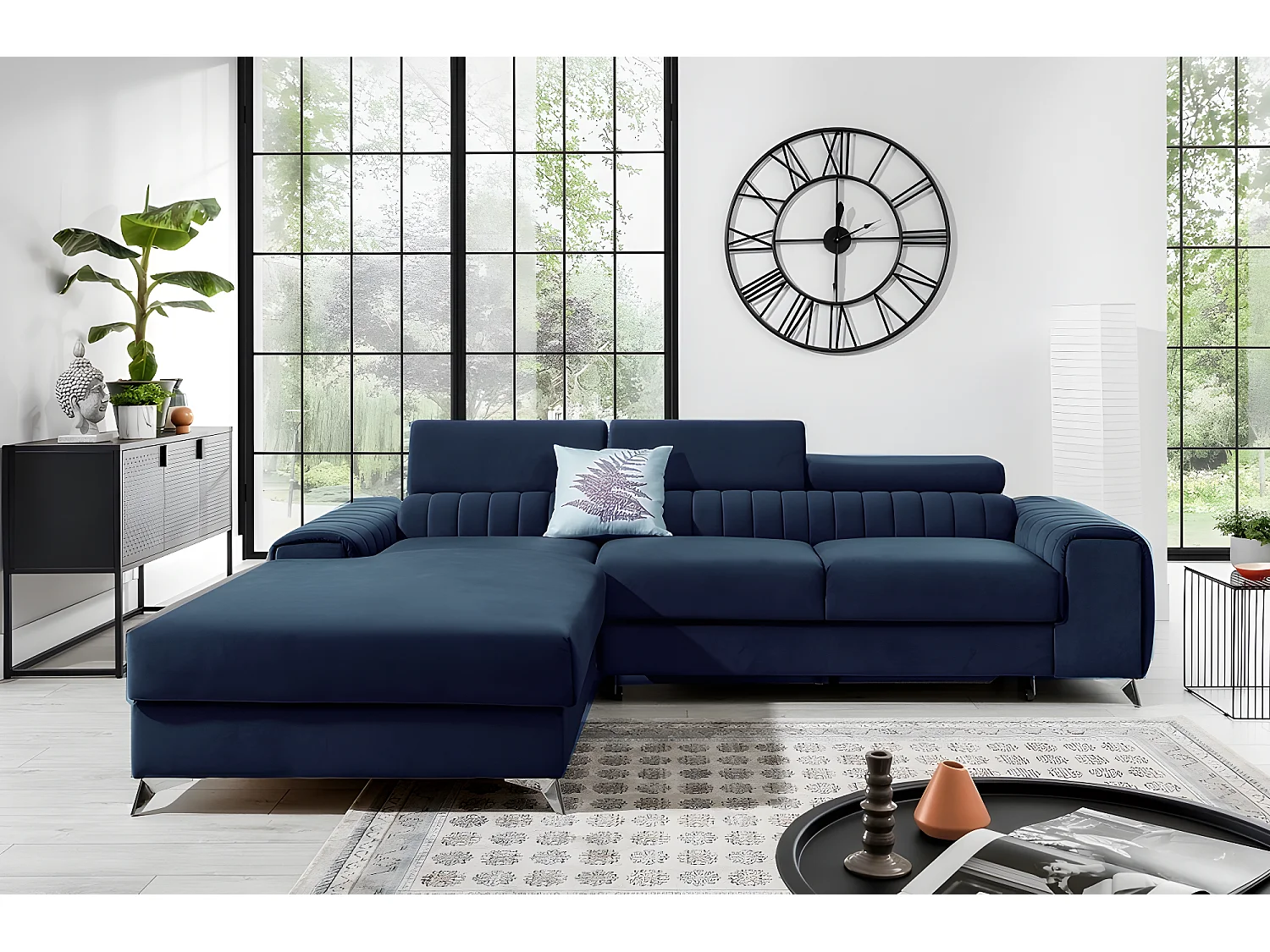 Canapé d'angle convertible en tissu velours Luxe bleu, 5 places, angle gauche (vu de face) - GRECE VELOURS