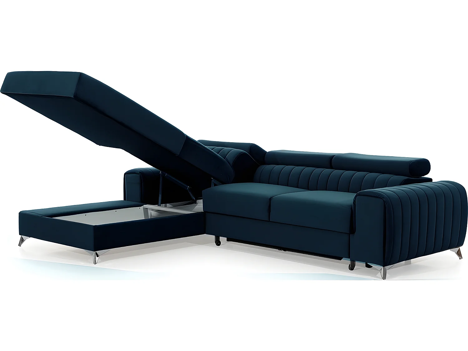 Canapé d'angle convertible en tissu velours Luxe bleu, 5 places, angle gauche (vu de face) - GRECE VELOURS