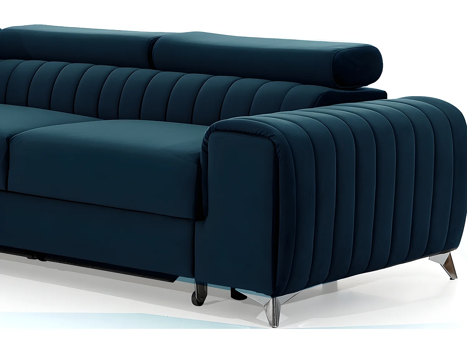 Canapé d'angle convertible en tissu velours Luxe bleu, 5 places, angle gauche (vu de face) - GRECE VELOURS