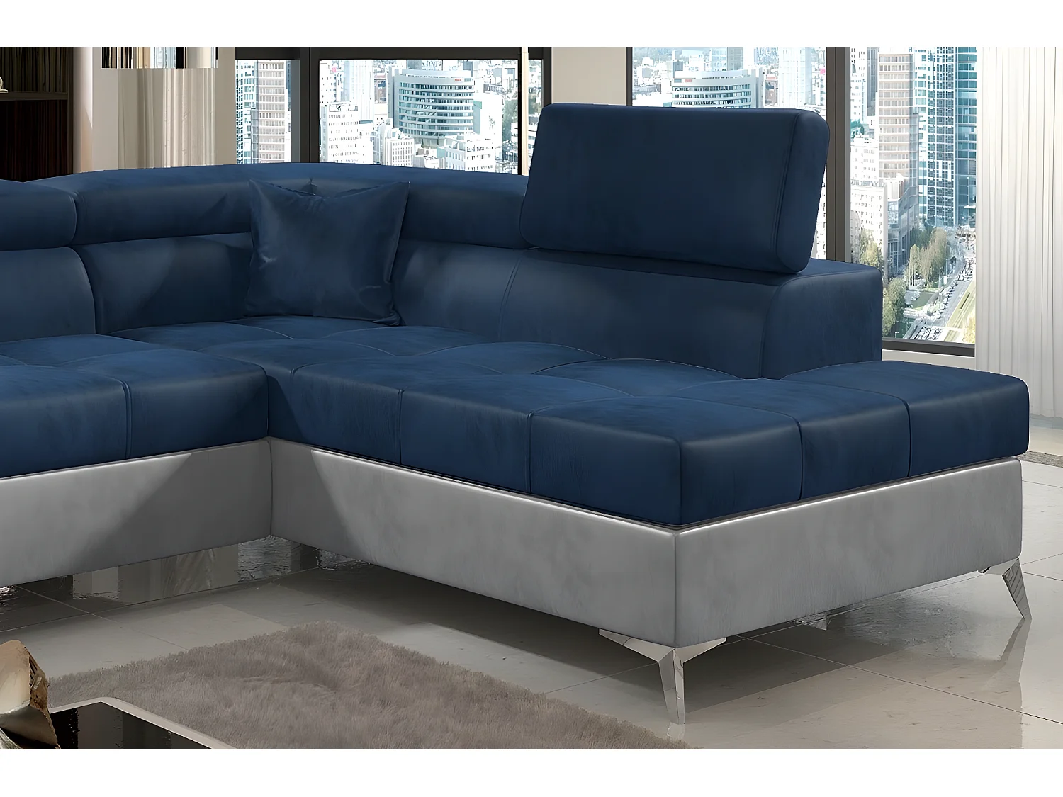 Canapé d'angle convertible - ERIKA - en tissu luxe 5 places, bleu et gris, angle droit (vu de face)