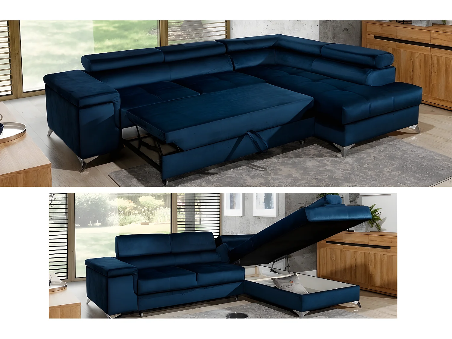 Canapé d'angle convertible - ERIKA - en tissu luxe 5 places, bleu et gris, angle droit (vu de face)