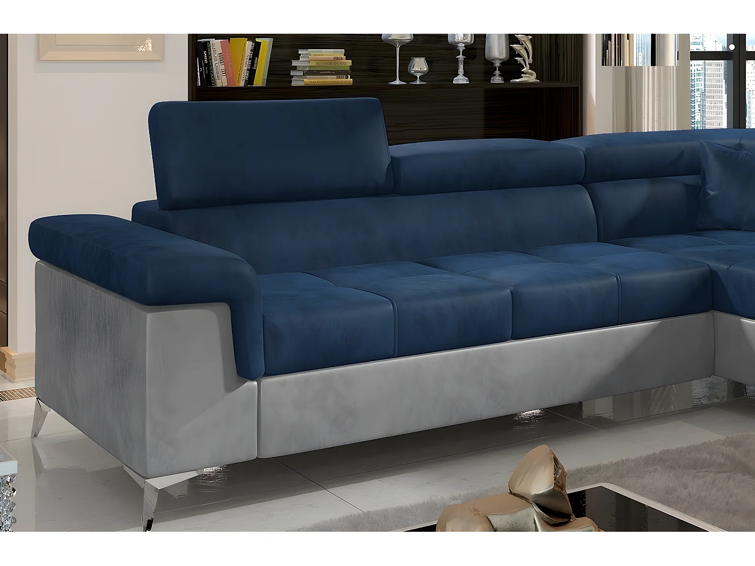 Canapé d'angle convertible - ERIKA - en tissu luxe 5 places, bleu et gris, angle droit (vu de face)