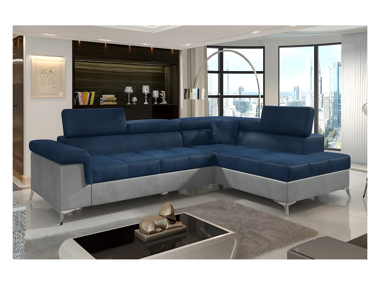 Canapé d'angle convertible - ERIKA - en tissu luxe 5 places, bleu et gris, angle droit (vu de face)