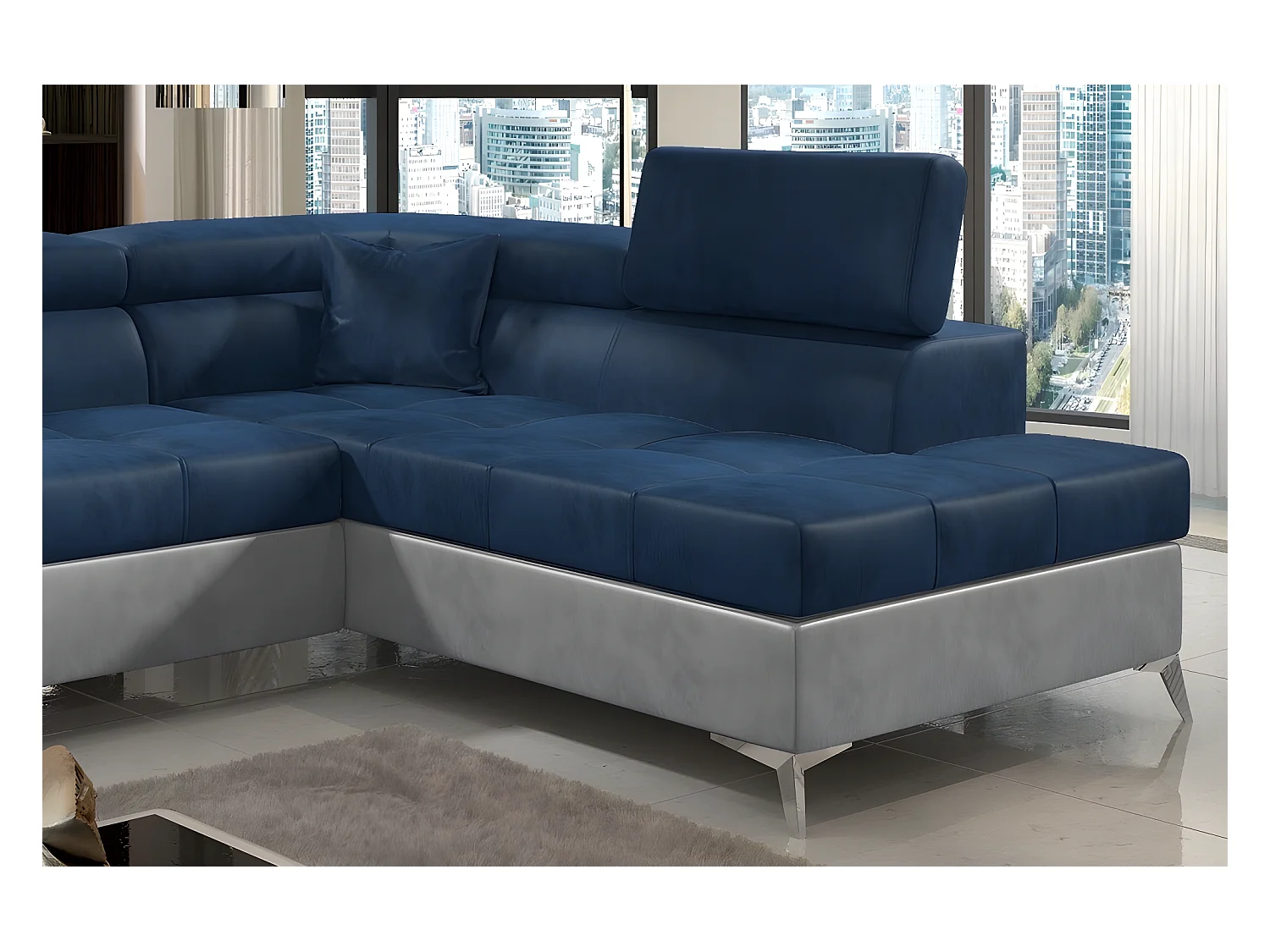 Canapé d'angle convertible - ERIKA - en tissu luxe 5 places, bleu et gris, angle droit (vu de face)