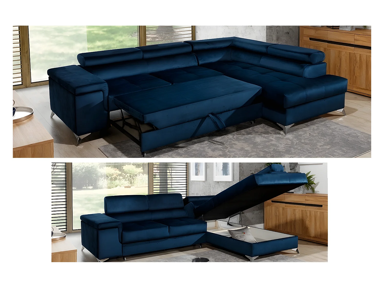 Canapé d'angle convertible - ERIKA - en tissu luxe 5 places, bleu et gris, angle droit (vu de face)