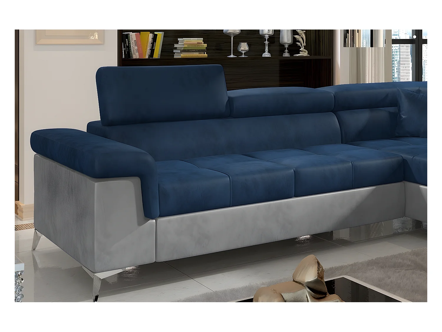 Canapé d'angle convertible - ERIKA - en tissu luxe 5 places, bleu et gris, angle droit (vu de face)