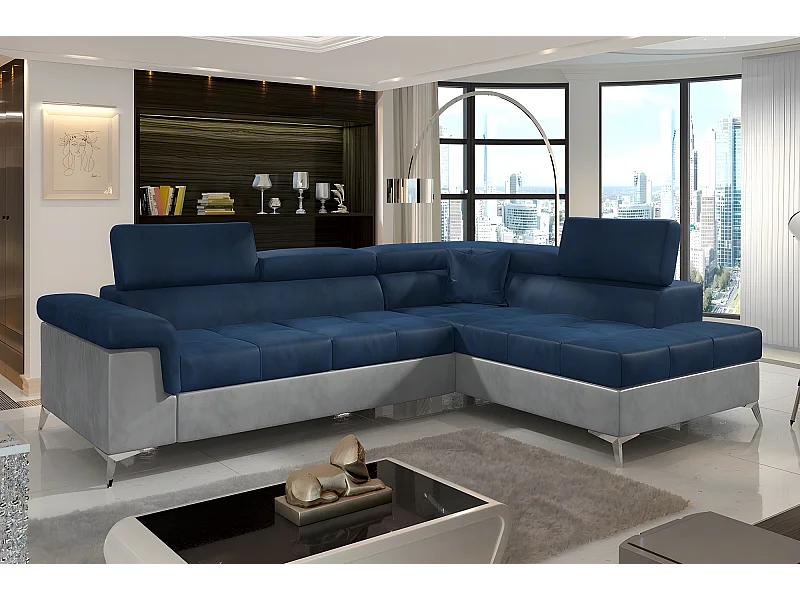 Canapé d'angle convertible - ERIKA - en tissu luxe 5 places, bleu et gris, angle droit (vu de face)