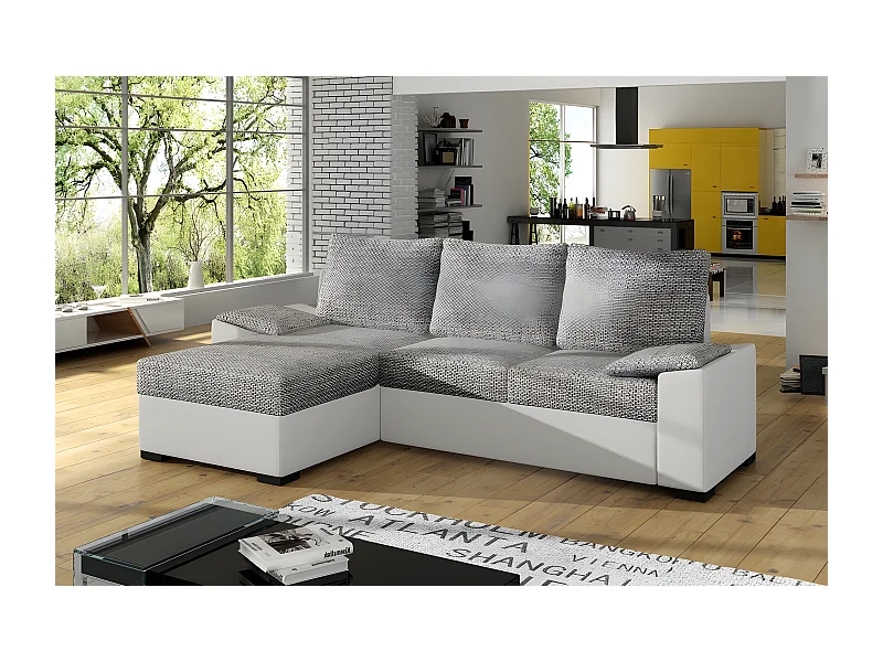 Canapé d'angle convertible, en tissu gris et simili blanc, angle gauche (vu de face) - LUCAS