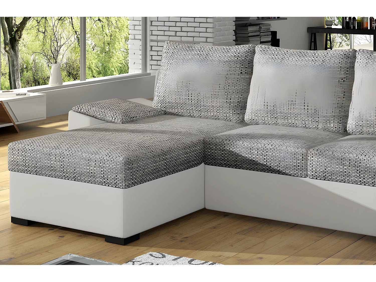 Canapé d'angle convertible, en tissu gris et simili blanc, angle gauche (vu de face) - LUCAS