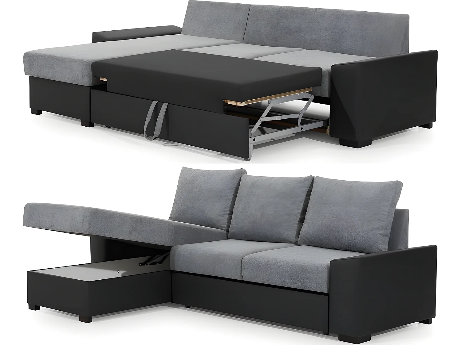 Canapé d'angle convertible, en tissu gris et simili blanc, angle gauche (vu de face) - LUCAS