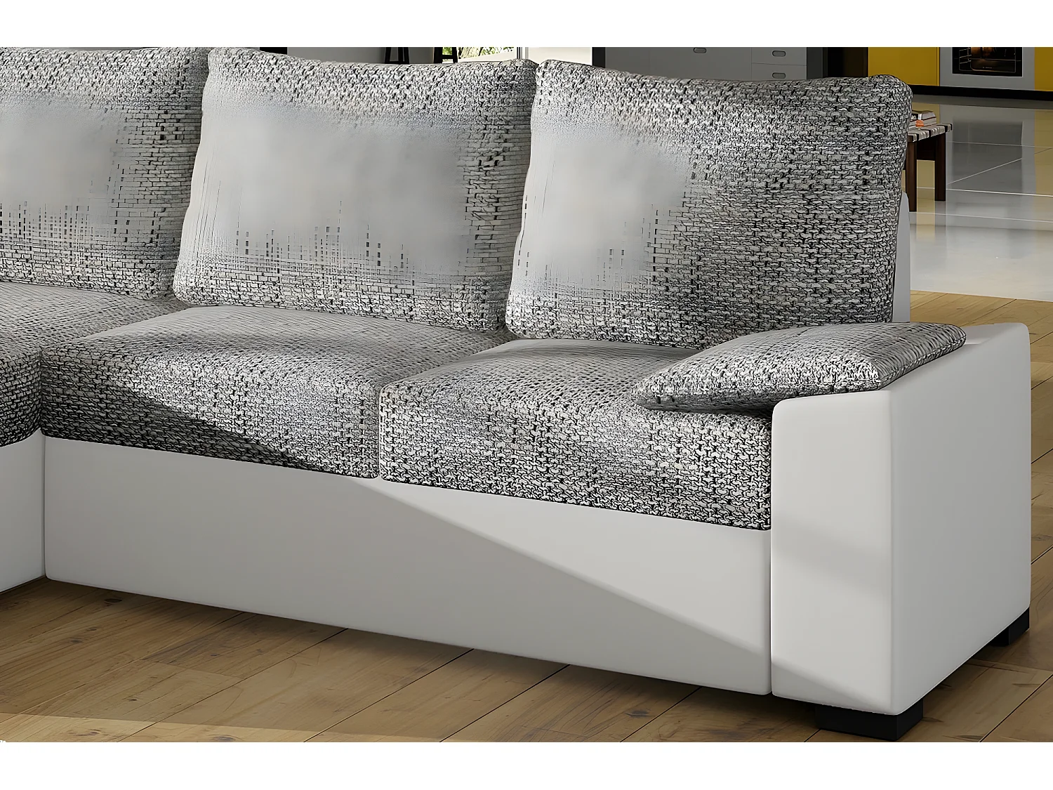 Canapé d'angle convertible, en tissu gris et simili blanc, angle gauche (vu de face) - LUCAS