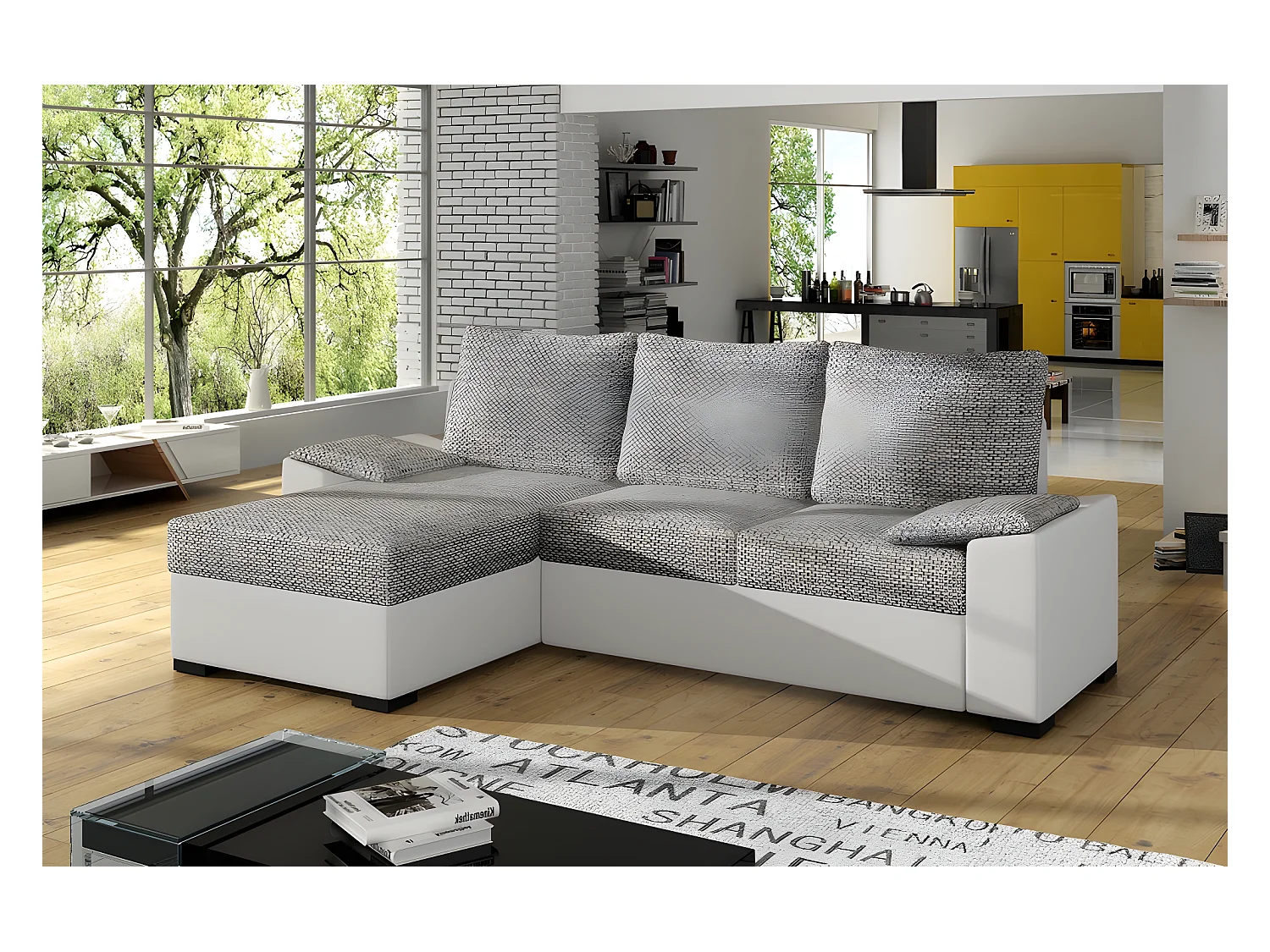 Canapé d'angle convertible, en tissu gris et simili blanc, angle gauche (vu de face) - LUCAS