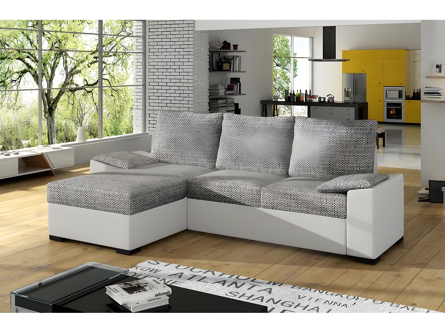 Canapé d'angle convertible, en tissu gris et simili blanc, angle gauche (vu de face) - LUCAS