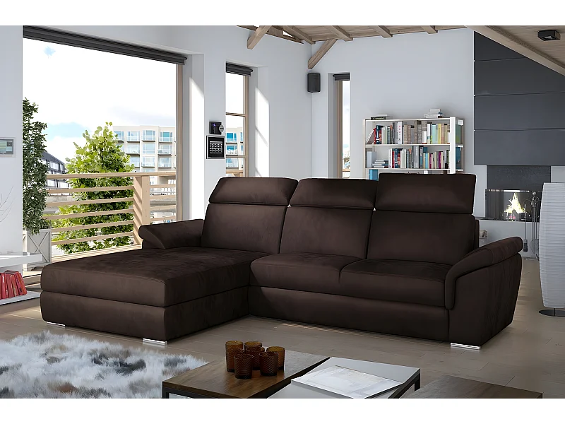 Canapé d'angle convertible en tissu velours Prestige, marron, 5 places, angle gauche (vu de face) - TRESOR