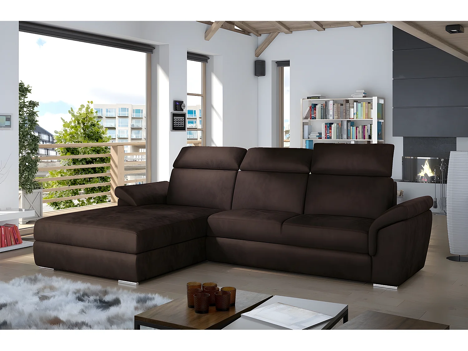 Canapé d'angle convertible en tissu velours Prestige, marron, 5 places, angle gauche (vu de face) - TRESOR