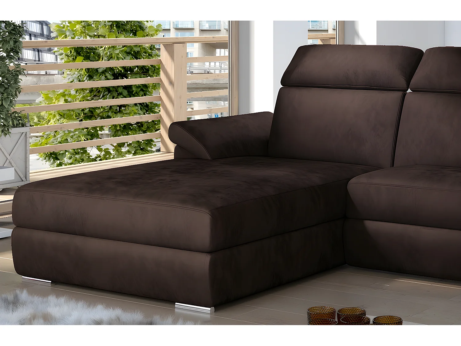 Canapé d'angle convertible en tissu velours Prestige, marron, 5 places, angle gauche (vu de face) - TRESOR