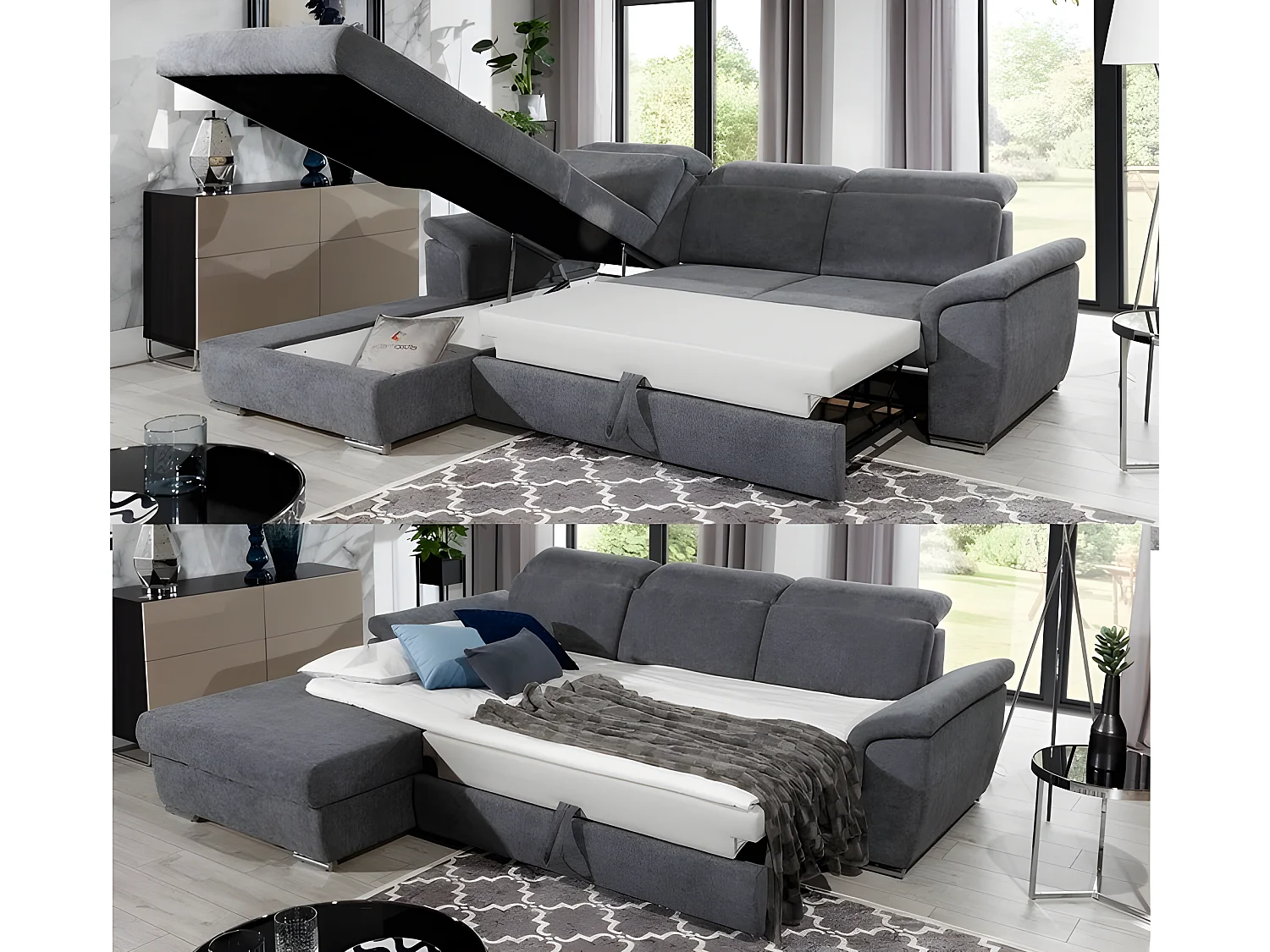 Canapé d'angle convertible en tissu velours Prestige, marron, 5 places, angle gauche (vu de face) - TRESOR