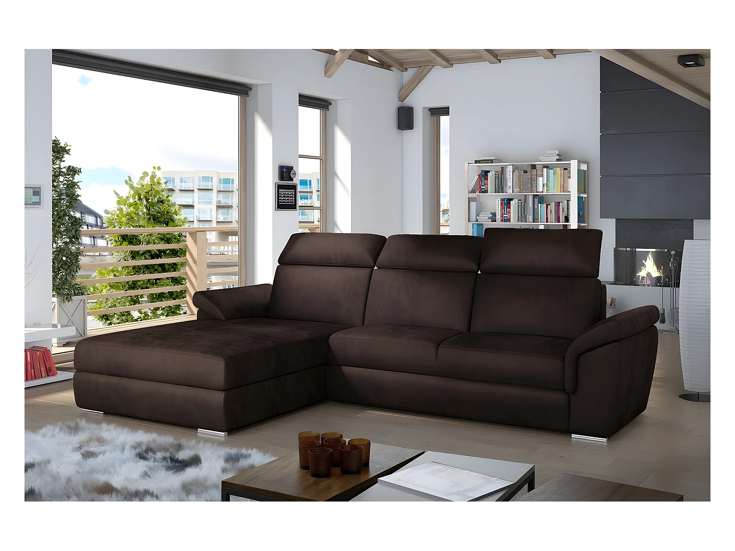 Canapé d'angle convertible en tissu velours Prestige, marron, 5 places, angle gauche (vu de face) - TRESOR