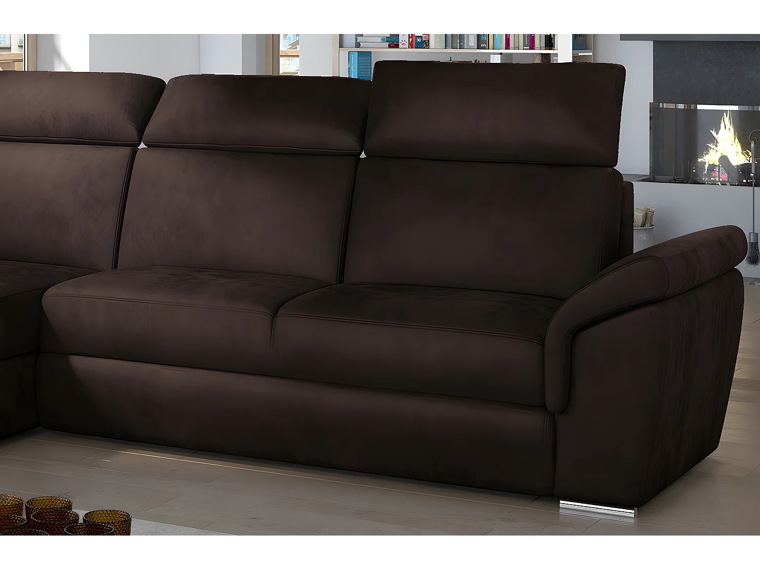 Canapé d'angle convertible en tissu velours Prestige, marron, 5 places, angle gauche (vu de face) - TRESOR