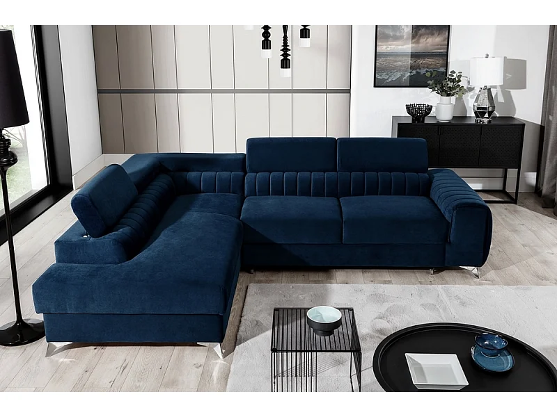 Canapé d'angle convertible - LARRY VELOURS - en tissu Luxe bleu, 5 places, angle gauche (vu de face)