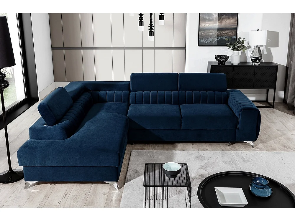Canapé d'angle convertible - LARRY VELOURS - en tissu Luxe bleu, 5 places, angle gauche (vu de face)