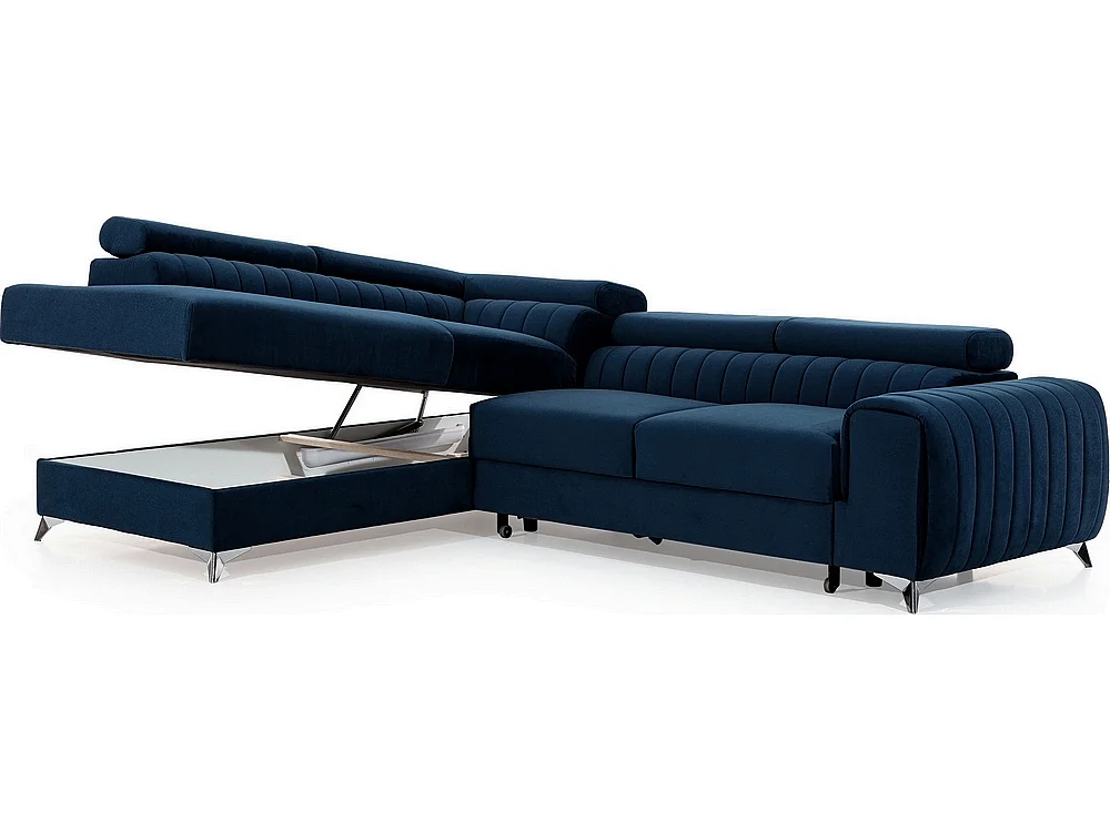 Canapé d'angle convertible - LARRY VELOURS - en tissu Luxe bleu, 5 places, angle gauche (vu de face)