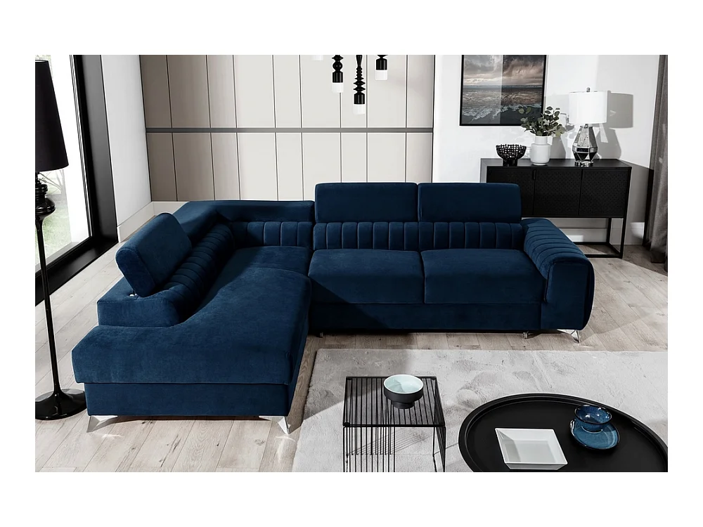 Canapé d'angle convertible - LARRY VELOURS - en tissu Luxe bleu, 5 places, angle gauche (vu de face)