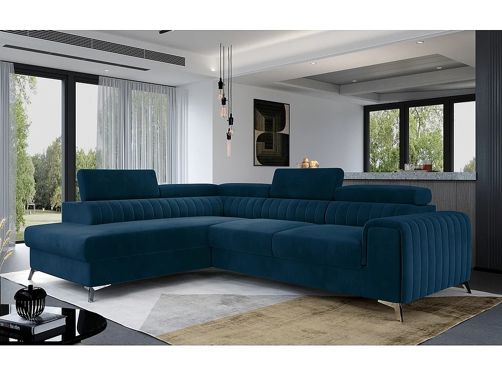 Canapé d'angle convertible - LARRY VELOURS - en tissu Luxe bleu, 5 places, angle gauche (vu de face)