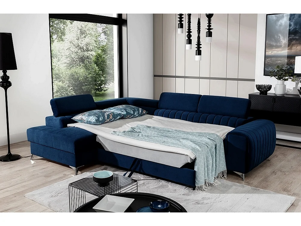 Canapé d'angle convertible - LARRY VELOURS - en tissu Luxe bleu, 5 places, angle gauche (vu de face)