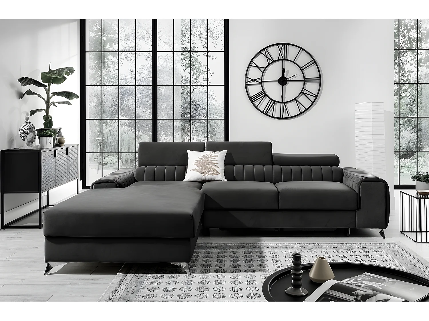 Canapé d'angle convertible en tissu velours Luxe noir, 5 places, angle gauche (vu de face) - GRECE VELOURS