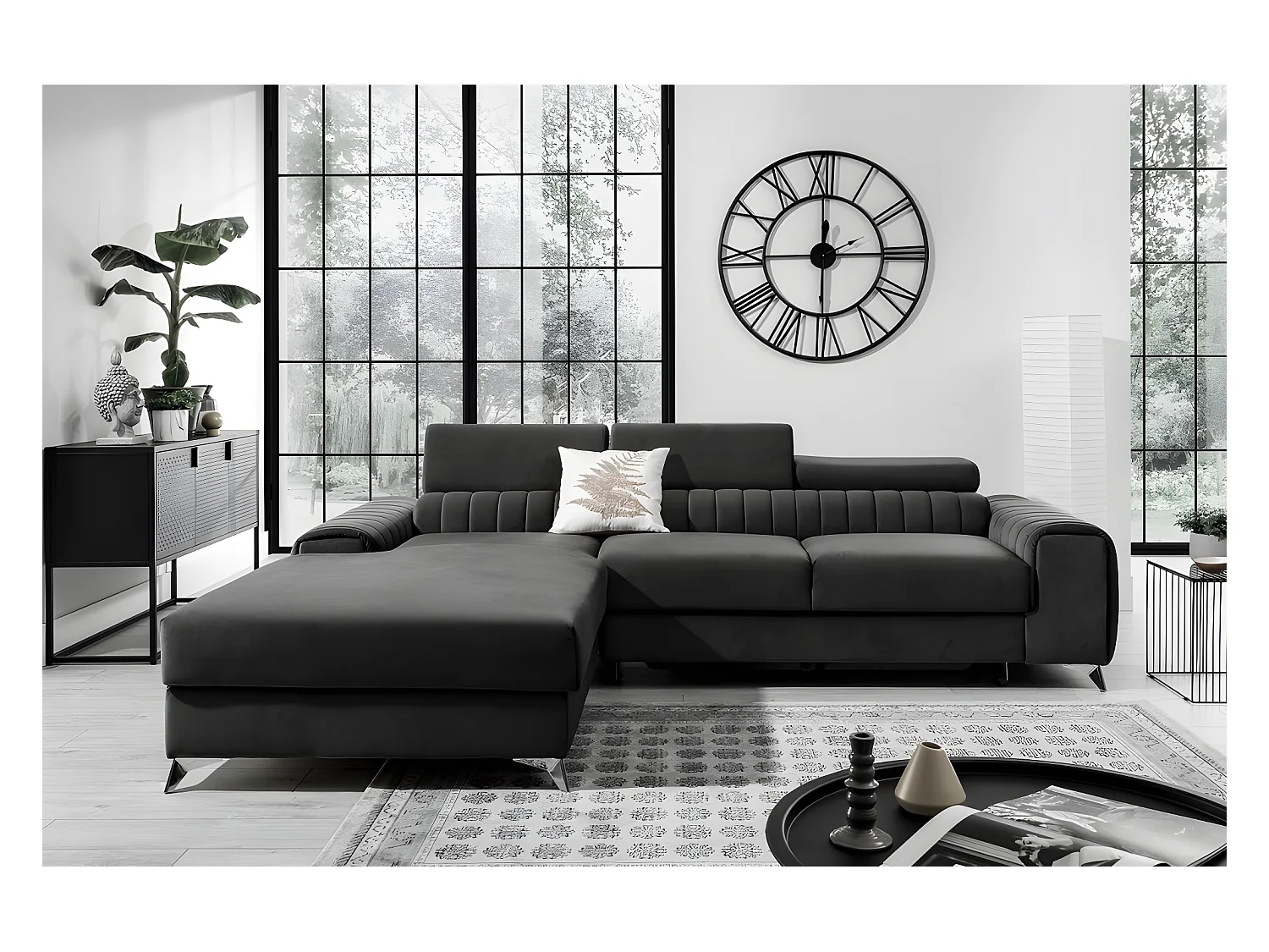Canapé d'angle convertible en tissu velours Luxe noir, 5 places, angle gauche (vu de face) - GRECE VELOURS