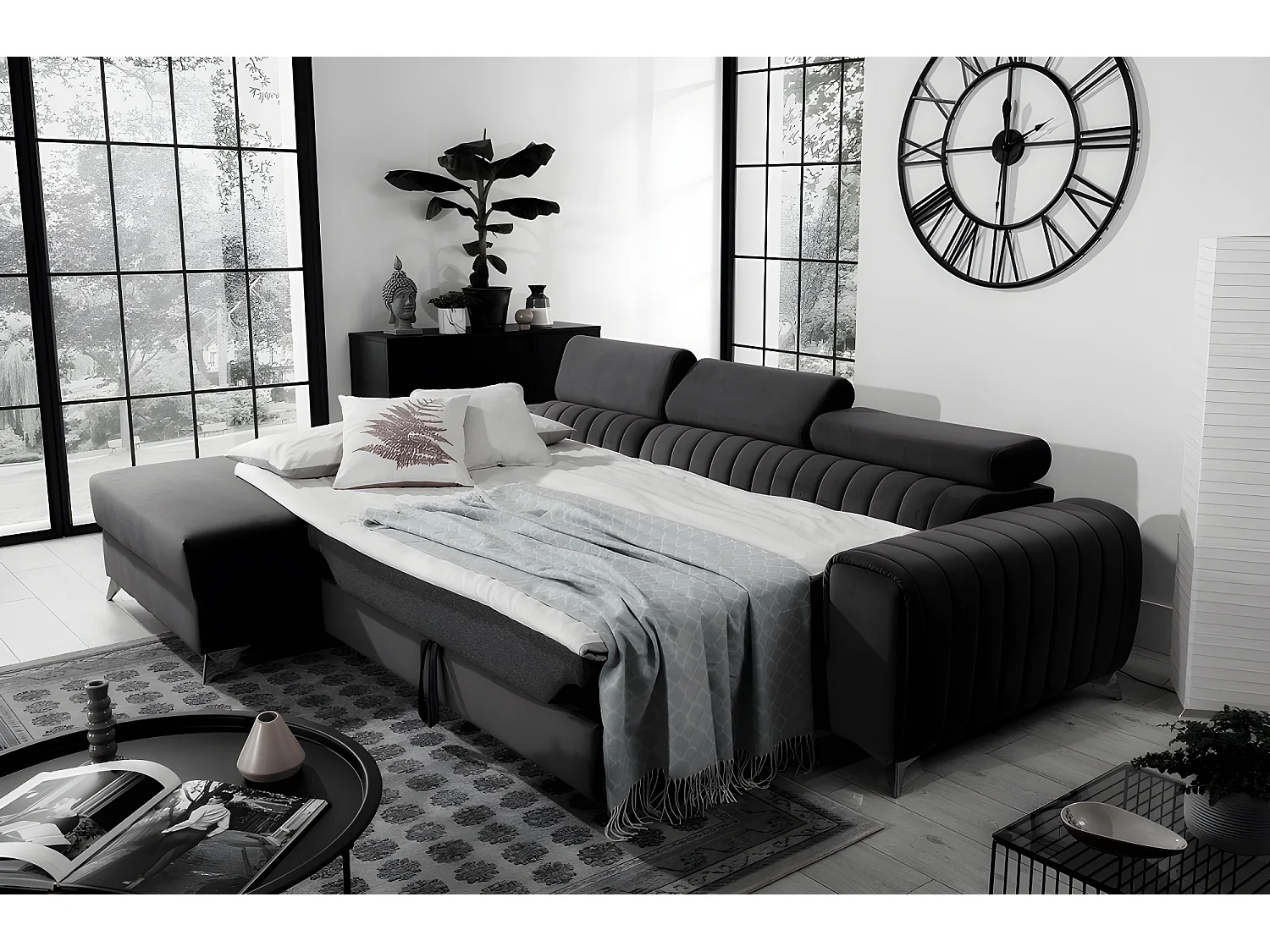 Canapé d'angle convertible en tissu velours Luxe noir, 5 places, angle gauche (vu de face) - GRECE VELOURS