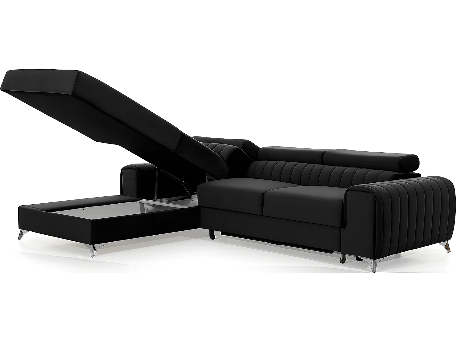 Canapé d'angle convertible en tissu velours Luxe noir, 5 places, angle gauche (vu de face) - GRECE VELOURS