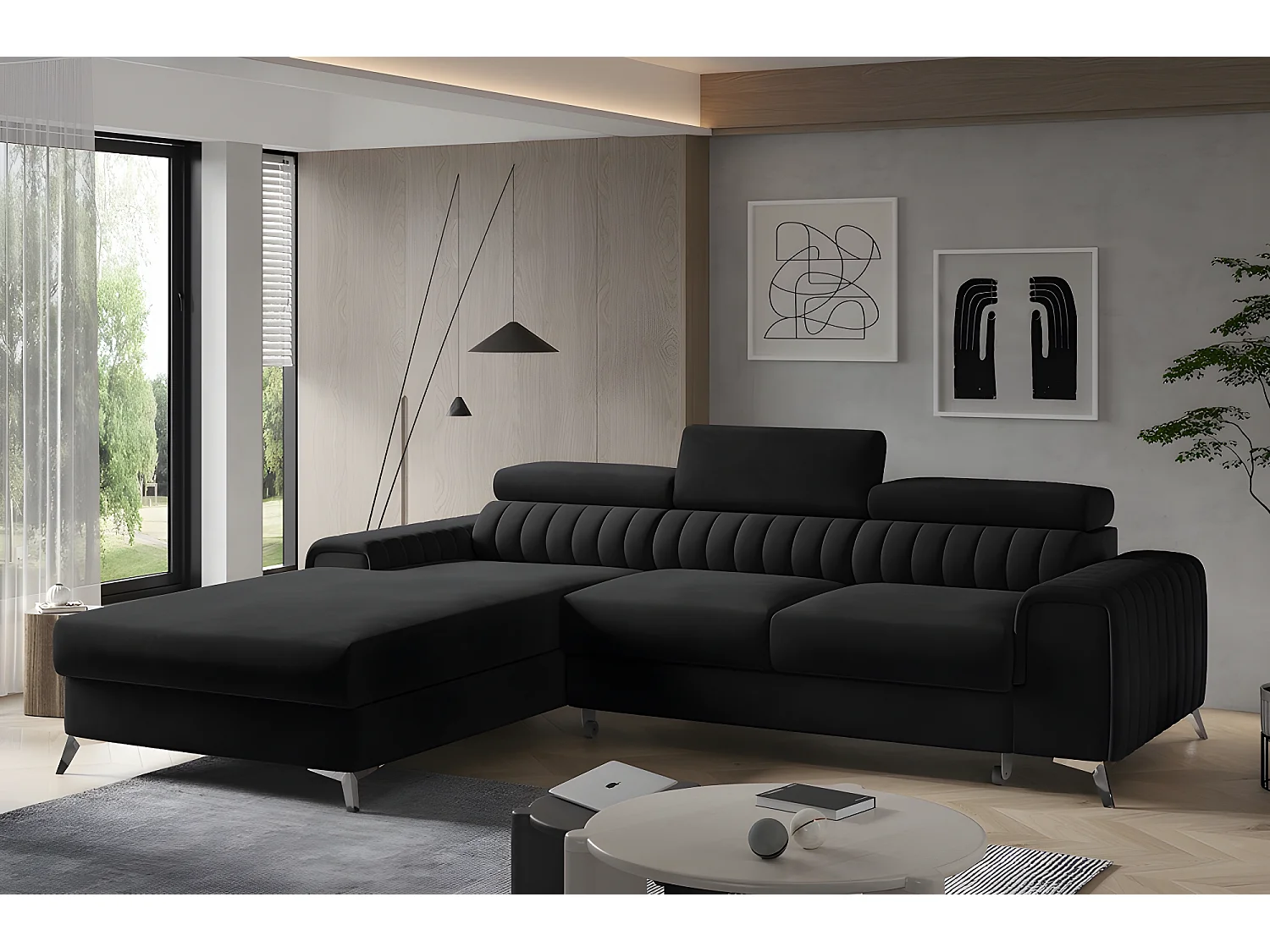 Canapé d'angle convertible en tissu velours Luxe noir, 5 places, angle gauche (vu de face) - GRECE VELOURS