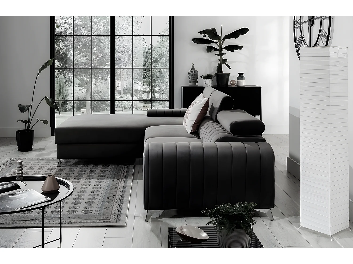 Canapé d'angle convertible en tissu velours Luxe noir, 5 places, angle gauche (vu de face) - GRECE VELOURS