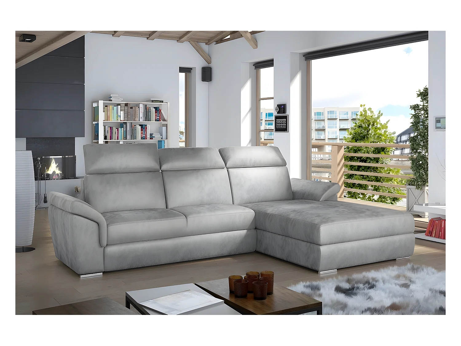 Canapé d'angle convertible en tissu velours Prestige, gris, 5 places, angle droit (vu de face) , TRESOR