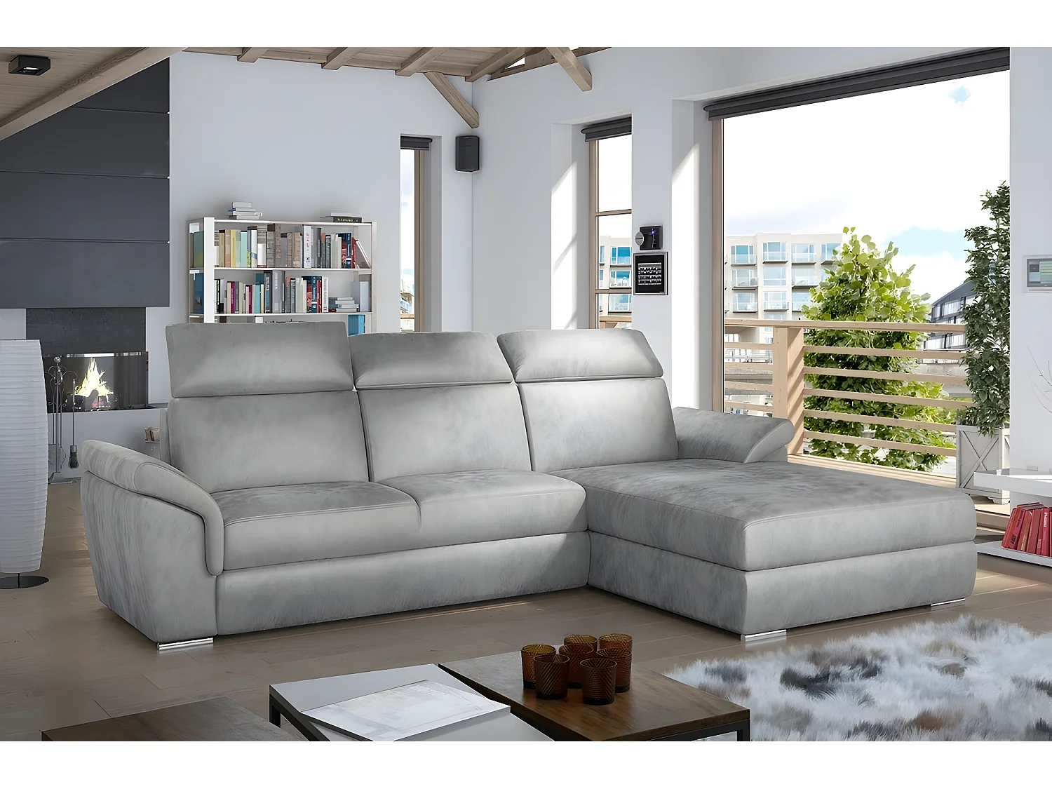 Canapé d'angle convertible en tissu velours Prestige, gris, 5 places, angle droit (vu de face) , TRESOR